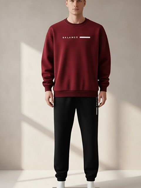 Trendseninle Erkek Bordo Siyah Balance Baskılı Bisiklet Yaka Alt Üst Eşofman Takımı - S000487957-37254