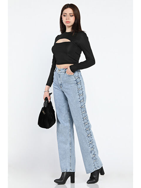 Gülseli Taş Detaylı Yüksek Bel Bol Paça Kadın Jean Pantolon - S000361114-3642