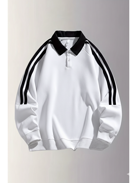 Tarz Cool Erkek Beyaz Oversize Polo Yaka Sweatshirt Şerit Detaylı Uzun Kollu Spor Casual Basic - S000503075-20063