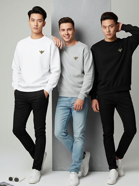 Trendseninle 3Lü Beyaz Gri Siyah Golden Wing Baskılı Oversize Bisiklet Yaka Uzun Kollu Sweatshirt - S000504553-23173