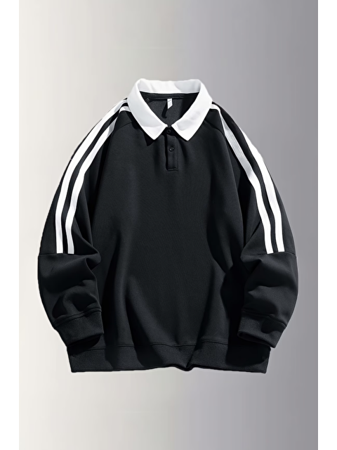 Tarz Cool Erkek Siyah Oversize Polo Yaka Sweatshirt Şerit Detaylı Uzun Kollu Spor Casual Basic - S000503075-19351