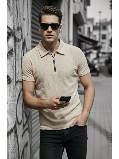 Oksit Robb Erkek Yarım Fermuarlı Dokulu Polo Yaka Kısa Kollu Slim Fit Tişört - S000508209-19966