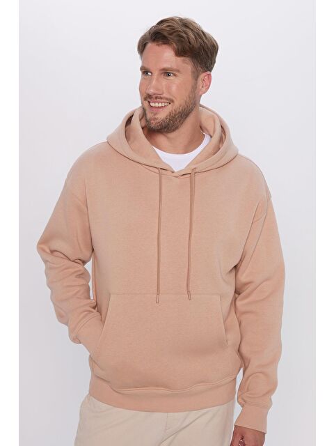 TUDORS Unisex Oversize Geniş Kesim Pamuklu Yumuşak Dokulu İçi Polarlı Basic Vizon Renk Kapüşonlu Sweatshirt - S000494259-26429