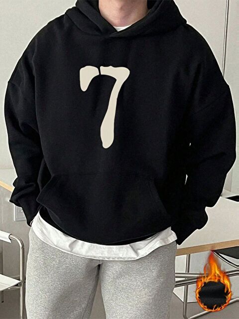 Trendseninle Erkek Siyah 7 Baskılı Sweatshirt Uzun Kollu Hoodie - S000471170-19351