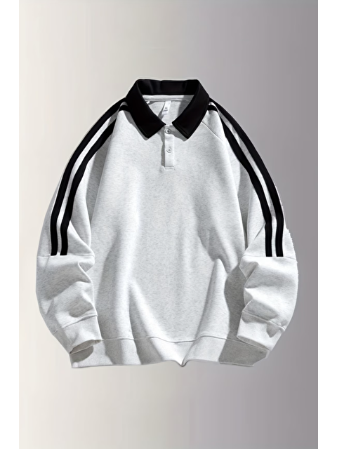 Tarz Cool Erkek Gri Oversize Polo Yaka Sweatshirt Şerit Detaylı Uzun Kollu Spor Casual Basic - S000503075-20600