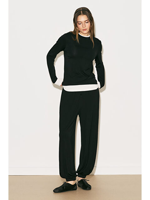 Manuka Easy Kontrast Uzun Kol Bluz Siyah