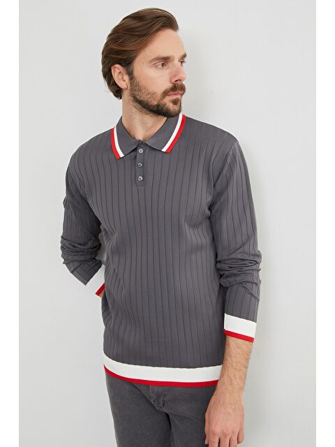 Fullamoda Çizgili Fitilli Polo Yaka Triko Kazak - S000434226-33408