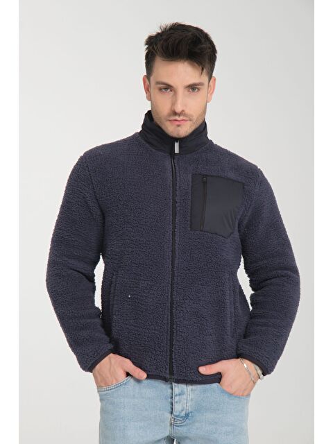 Tarz Cool Lacivert Fermuarlı Kapüşonlu Pelüş Sweatshirt - S000393218-21164