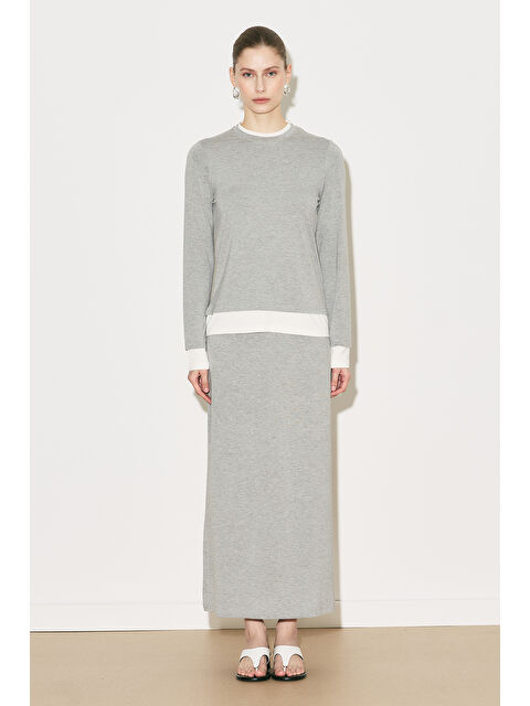 Manuka Easy Kontrast Uzun Kol Bluz Gri Melanj