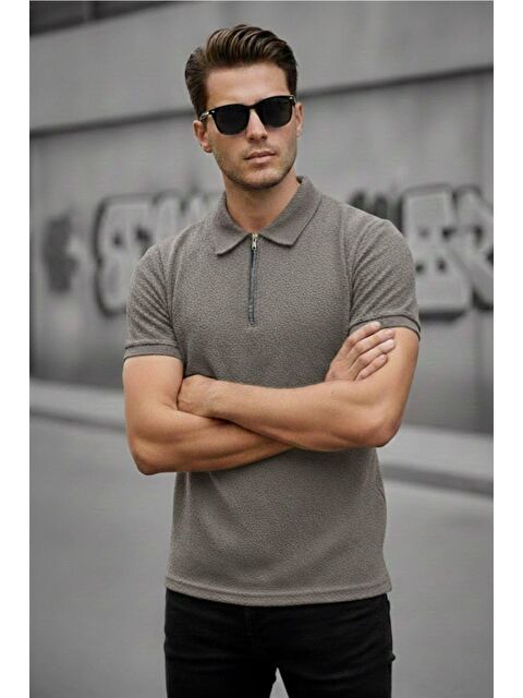 Oksit Robb Erkek Yarım Fermuarlı Dokulu Polo Yaka Kısa Kollu Slim Fit Tişört - S000508209-18194