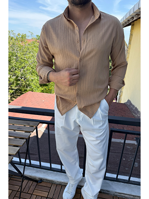 Tarz Cool Tam Kalıp Bürümcük Kumaş Gömlek Zümrüt Vizon - S000388757-26429