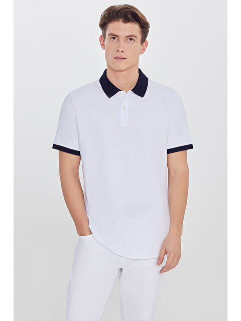 AC&Co / Altınyıldız Classics Erkek Beyaz-Lacivert %100 Pamuk Slim Fit Dar Kesim Polo Yaka Tişört