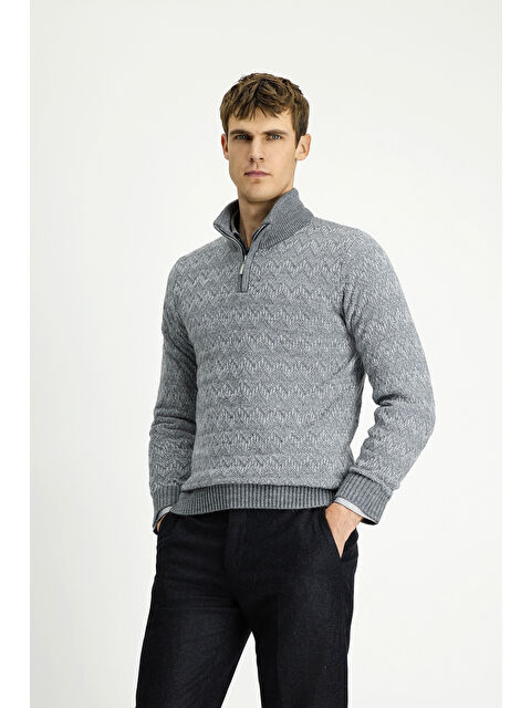 Kiğılı Yarım Balıkçı Yaka Regular Fit Fermuarlı Desenli Pamuklu Triko Kazak - S000427703-74