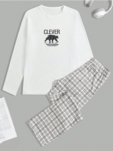 carla10 Erkek Uzun Kollu Baskılı Pijama Takımı Ekose Pantolonlu Beyaz - S000498097-20063