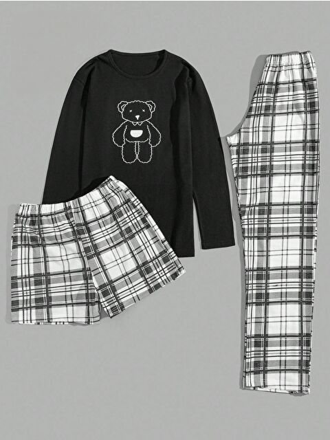carla10 Ekose Desenli 3 Parça Erkek Pijama Seti Ayıcık Baskılı - S000494410-19351