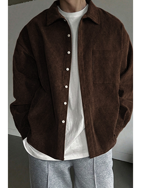 Genius Store Erkek Gömlek Fitilli Kadife Oversize Gömlek Yaka Cepli Uzun Kollu Ceket Gömlek - S000505836-19413