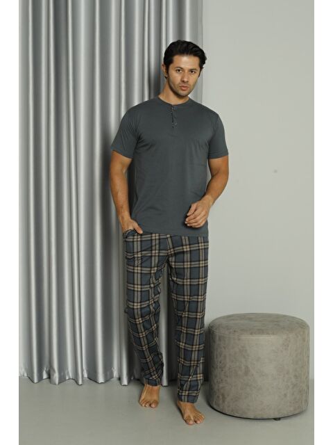 Formo Erkek %100 Doğal Pamuk Ekoseli Kısa Kollu Düğmeli Yüksek Kaliteli Pijama Takımı - S000531279-33408