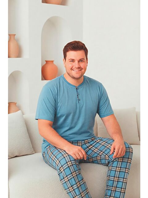 Formo Erkek %100 Doğal Pamuk Ekoseli Kısa Kollu Düğmeli Yüksek Kaliteli Pijama Takımı - S000531279-17234