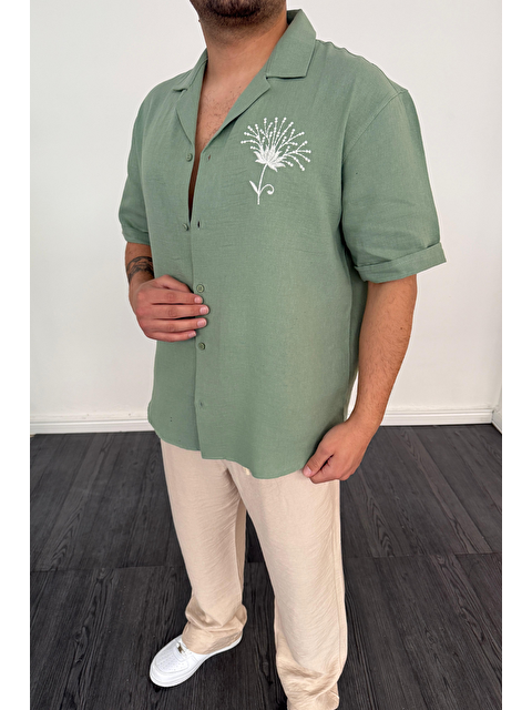 Tarz Cool Nakış Detaylı Müslin Keten Kısa Kol Gömlek Yeşil - S000388758-18194