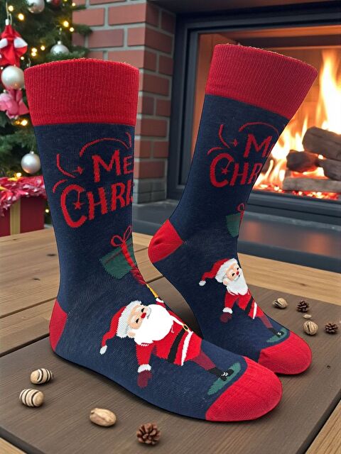 UPSTYLE Erkek Yılbaşı Çorabı 41-46 Numara Merry Christmas Desenli Pamuklu Elastanlı 2’li Paket - S000488986-37330