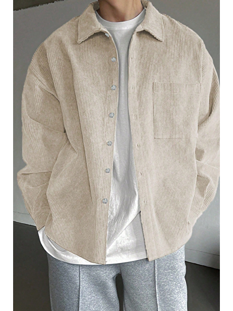 Genius Store Erkek Gömlek Fitilli Kadife Oversize Gömlek Yaka Cepli Uzun Kollu Ceket Gömlek - S000505836-25636