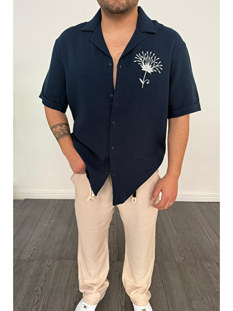 Tarz Cool Nakış Detaylı Müslin Keten Kısa Kol Gömlek Lacivert - S000388758-21164