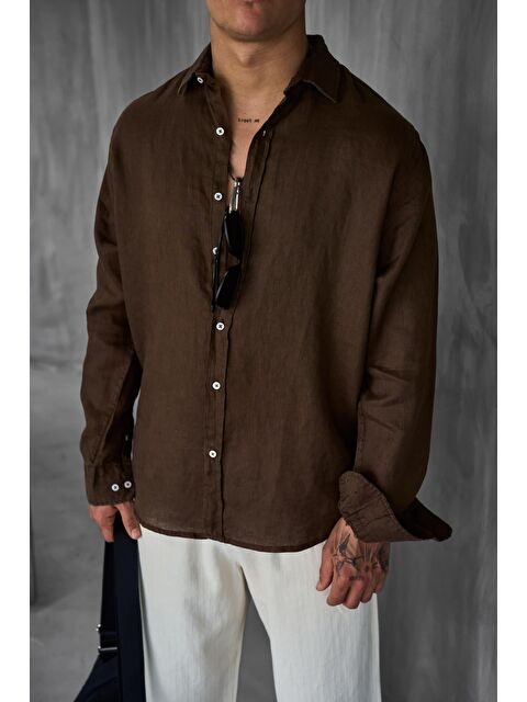 Abluka Online Erkek Uzun Kollu Regular Fit %100 Keten Gömlek Kahverengi - S000365715-19413