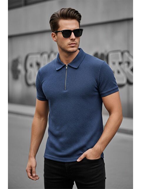 Oksit Robb Erkek Yarım Fermuarlı Dokulu Polo Yaka Kısa Kollu Slim Fit Tişört - S000508209-17234