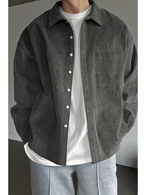 Genius Store Erkek Gömlek Fitilli Kadife Oversize Gömlek Yaka Cepli Uzun Kollu Ceket Gömlek - S000505836-33408