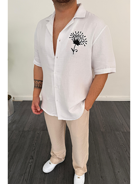 Tarz Cool Nakış Detaylı Müslin Keten Kısa Kol Gömlek Beyaz - S000388758-20063