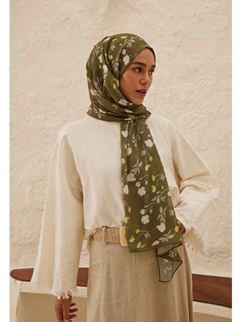 Fresh Scarfs Soft Flowers  Desen Rami Şal Haki - S000459706-18547