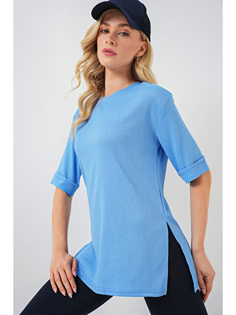 Bigdart 4332 Yanı Yırtmaçlı Örme Tişört - B.Mavi - S000090076-37213