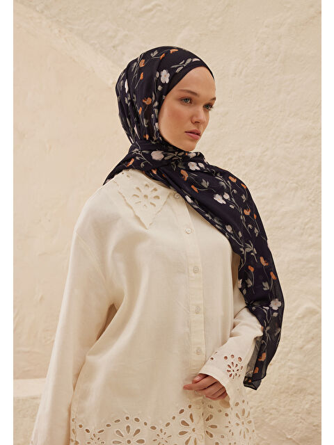 Fresh Scarfs Soft Flowers  Desen Rami Şal Lacivert - S000459706-21164