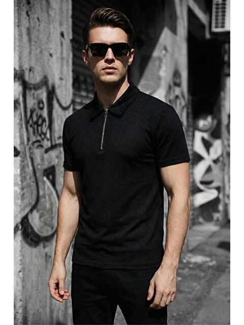 Oksit Robb Erkek Yarım Fermuarlı Dokulu Polo Yaka Kısa Kollu Slim Fit Tişört - S000508209-19351