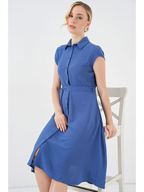 Bigdart 1677 Boydan Düğmeli Kuşaklı Elbise - İndigo - S000108934-23093