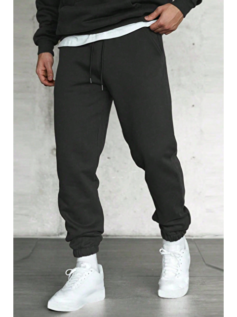 Tarz Cool Siyah Unısex Regular/Normal Kesim Paçası Lastikli İçi Polar/Sıcak Tutan Eşofman Altı - S000498115-19351