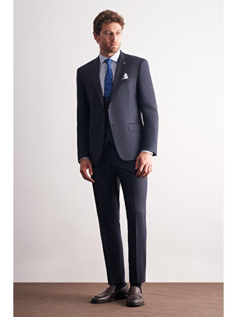 İMZA Lacivert Mono Yaka Astarlı Çift Yırtmaç Esnek 6 Drop Slim Fit Basic Yelekli Takım Elbise 1001255186 - S000505287-21164