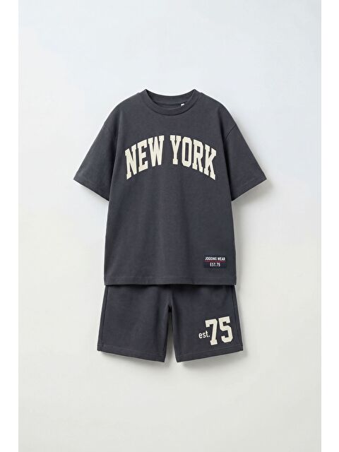 Magu Erkek Çocuk Pamuklu Antrasit New York Baskılı Tişört Şort Takım