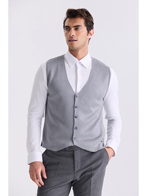 JAKAMEN Gri Slim Fit Düğmeli Triko Yelek - S000496709-20600