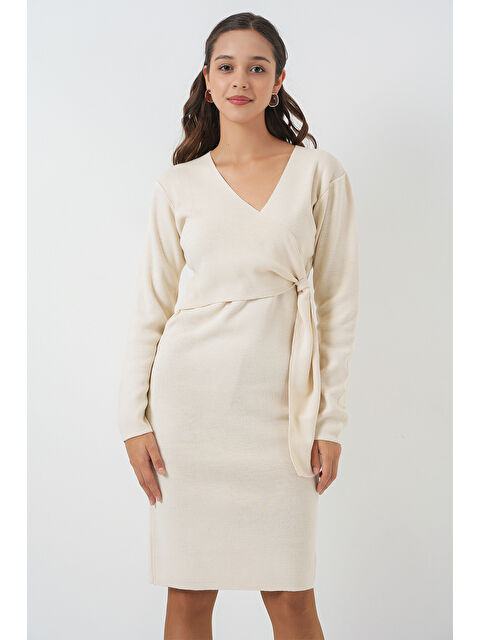 Bigdart Kadın Kruvaze Yaka Triko Elbise 15928 - Ekru - S000421857-19965