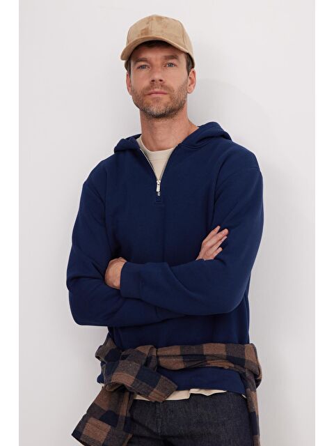 TUDORS Unisex Relax Fit Rahat Kesim Pamuklu İçi Polarlı Yarım Fermuarlı Lacivert Kapüşonlu Sweatshirt - S000494268-21164