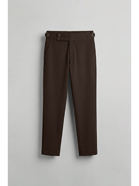 Abluka Online Erkek Slim Fit İtalyan Kesim Yan Tokalı Çift Düğmeli Pantolon Kahverengi - S000514881-19413