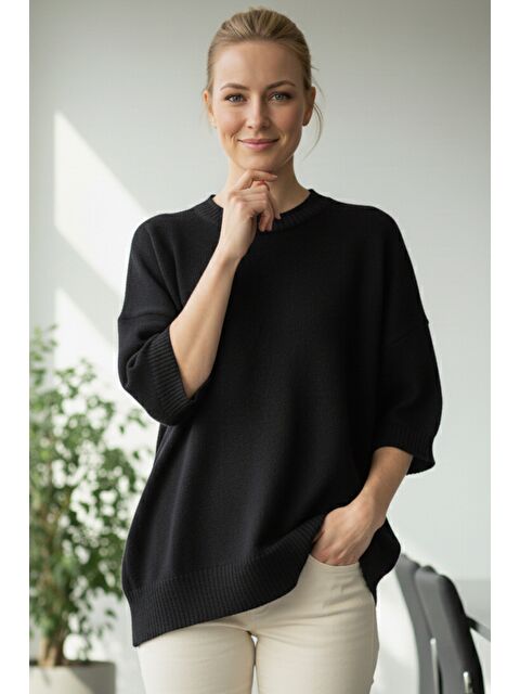 Chiccy İtalyan Siyah Bisiklet Yaka Kısa Kol Casual Akrilik Geniş Kesim Oversize Triko Kazak 73 65 - S000486456-19351