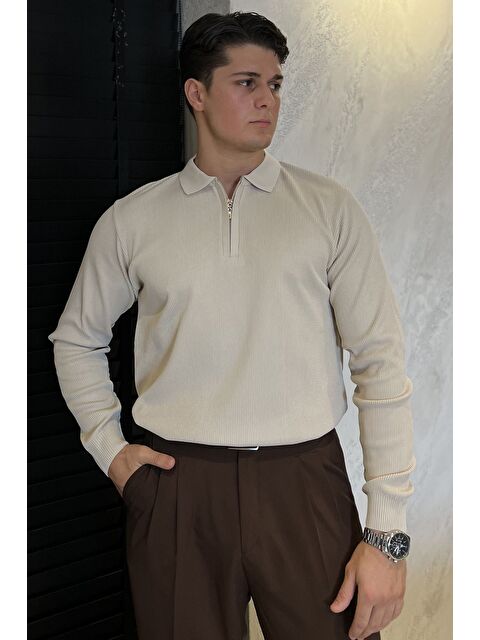 Mishar İtalia Erkek Polo Yaka Çizgi Desenli Yarım Fermuarlı Triko Kazak - S000427918-19928