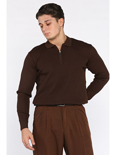 Mishar İtalia Erkek Polo Yaka Çizgi Desenli Yarım Fermuarlı Triko Kazak - S000427918-19413