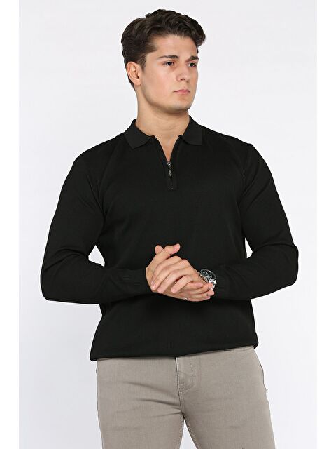 Mishar İtalia Erkek Polo Yaka Çizgi Desenli Yarım Fermuarlı Triko Kazak - S000427918-19351