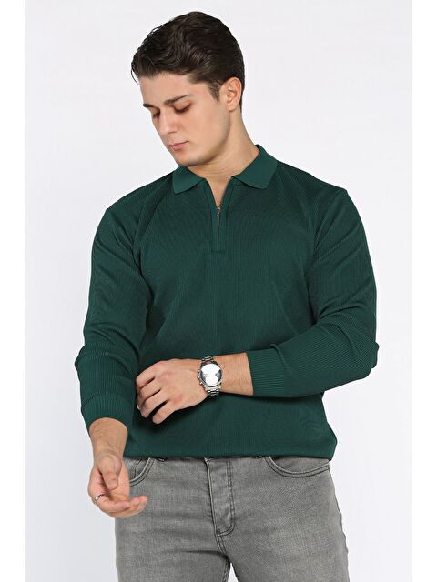 Mishar İtalia Erkek Polo Yaka Çizgi Desenli Yarım Fermuarlı Triko Kazak - S000427918-18709