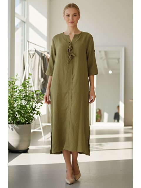 Chiccy İtalyan Hardal Rengi Düğmeli 3/4 Kol Yırtmaçlı İnce Fitilli Kadife Uzun Dokuma Elbise 120 55 - S000486554-20074