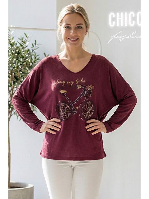 Chiccy İtalyan Mürdüm Rengi V Yaka Uzun Kol Baskılı Casual Akrilik Oversize Triko Bluz 68 70 - S000486558-20036