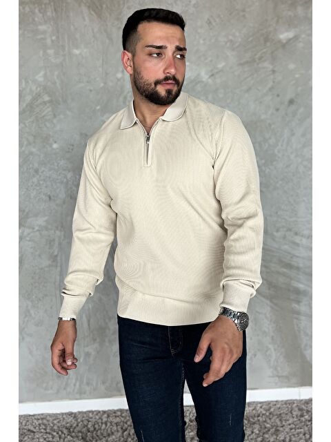 Mishar İtalia Erkek Polo Yaka Çizgi Desenli Yarım Fermuarlı Triko Kazak - S000427918-25636